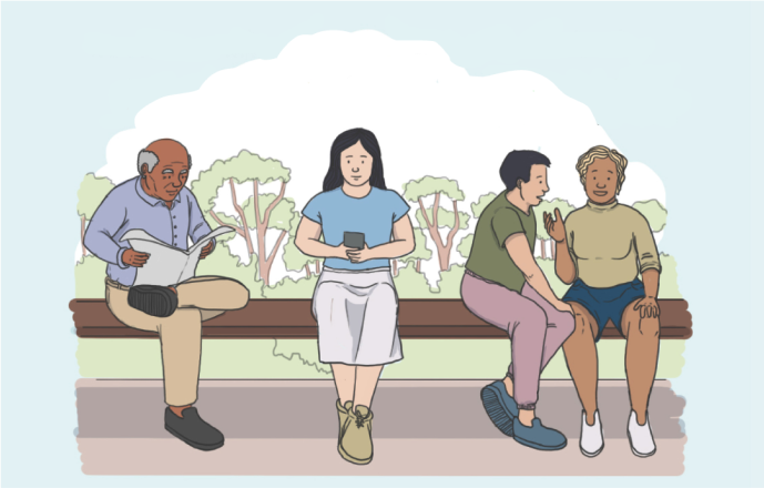 Illustration of four people sitting on a park bench. On the left, an elderly man is reading a book. In the middle, a young woman is looking at her phone. On the right, two people are engaged in conversation, with one gesturing as they talk. The background shows trees, suggesting a park setting.