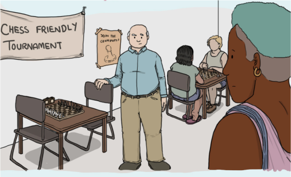 Illustration of a chess tournament scene. In the foreground, a woman with a teal hat and a purple dress stands observing. In the background, a sign reads 'Chess Friendly Tournament.' A man stands near a chess table with two players seated behind him, focused on their game. A poster on the wall behind him reads 'Join the Community!' The scene suggests a welcoming and inclusive environment where people are encouraged to participate and connect through chess. The title 'Expand Your Views and Circles' highlights the theme of social engagement and broadening perspectives.