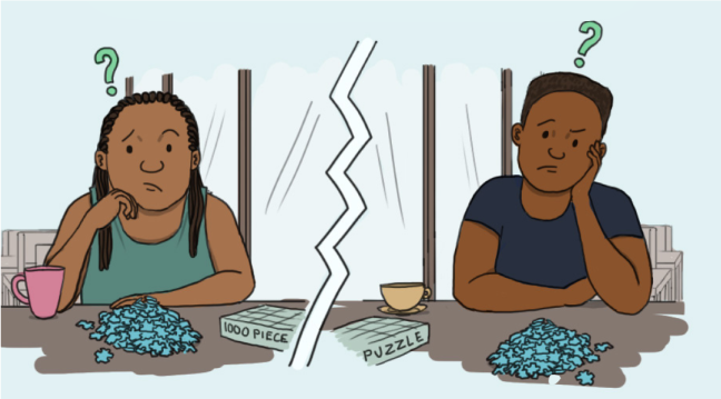 Illustration of two individuals sitting at separate tables, each with a confused expression and a question mark above their heads. Both are looking at piles of puzzle pieces in front of them. A torn line splits the image in the middle, symbolizing a divide between them. On the left, a woman with braided hair rests her chin on her hand next to a pink mug and a box labeled '1000 Piece.' On the right, a man rests his head on his hand with a yellow cup beside him and a box labeled 'Puzzle.' The background shows large windows, and the scene suggests a shared sense of confusion or frustration.