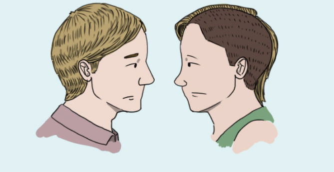 Illustration of two individuals, facing each other in profile. The person on the left has short, light-colored hair and is wearing a collared shirt, while the person on the right has darker hair with a slightly different hairstyle and is wearing a sleeveless top. Both appear to be looking directly at each other with neutral expressions, suggesting a moment of mutual observation or confrontation.