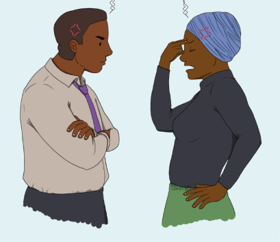 Illustration of two individuals facing each other, both appearing frustrated. The person on the left, wearing a light-colored shirt and tie, has arms crossed with an angry expression, indicated by a red anger mark on their head. The person on the right, wearing a headscarf and dark clothing, is holding their forehead with a tense expression, also indicated by a red anger mark. Both individuals seem to be in a heated or stressful conversation.