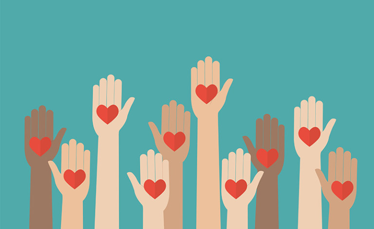 multiple raised hands with diverse skin tones, each hand displaying a red heart in the palm, set against a teal background.