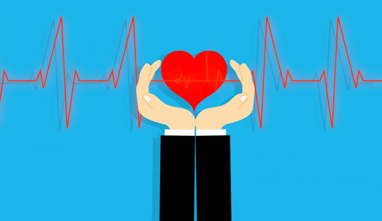 An illustration of two hands holding a red heart, with an electrocardiogram (ECG) line in the background on a blue surface, symbolizing heart health and care.