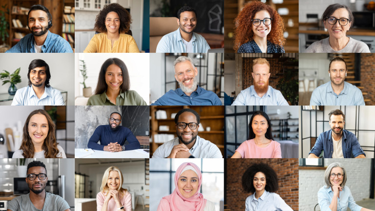 Collage of headshots of a diverse group of people