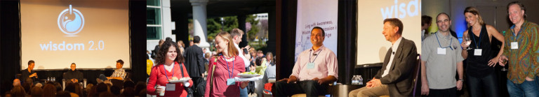 An image of various scenes from a Wisdom 2.0 event, including people attending sessions, networking, and speaking on stage.